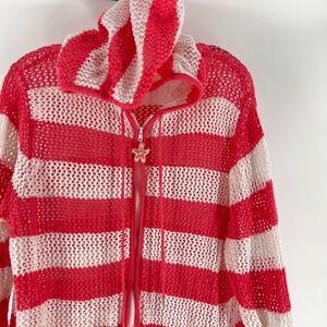 Quacker‎ Factory size L Pink White Striped Crochet Knit Full Zip Hoodie Women's